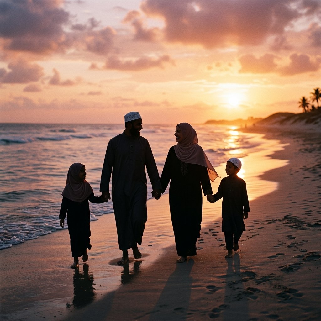 Happy Family Silhouette at Beach Sunset